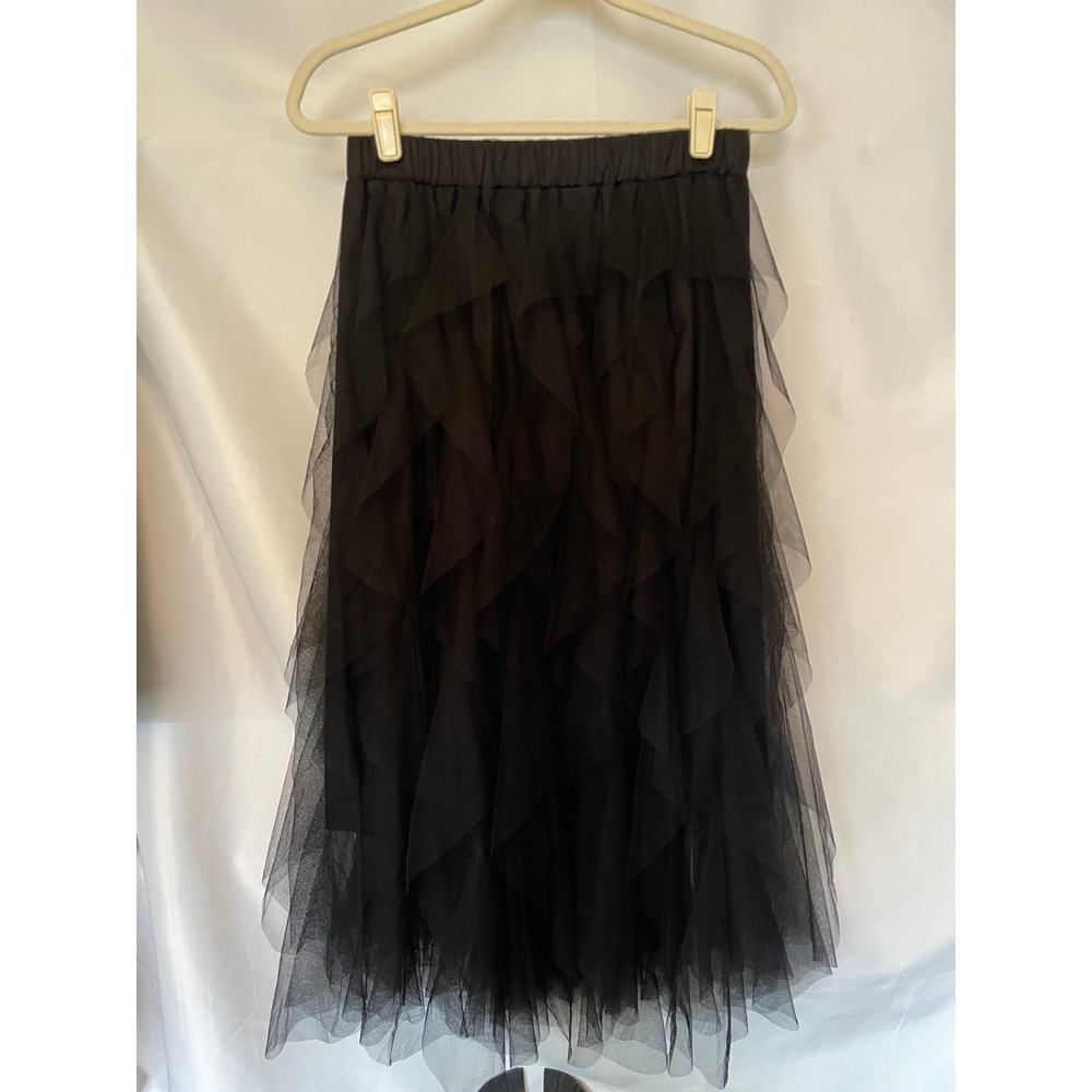 Black Tiered Tulle Midi Skirt Elastic Waist Ruffle Mesh Handkerchief Hem Ballet